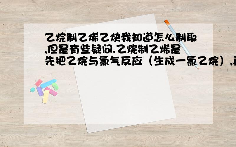 乙烷制乙烯乙炔我知道怎么制取,但是有些疑问.乙烷制乙烯是先把乙烷与氯气反应（生成一氯乙烷）,再加入NaOH乙醇溶液后加热,制得乙烯.但是乙烷与氯气反应时肯定会生成除了一氯乙烷以外