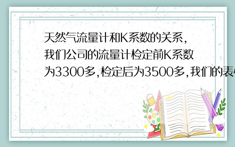 天然气流量计和K系数的关系,我们公司的流量计检定前K系数为3300多,检定后为3500多,我们的表快了还是慢怎么计算快了多少还是慢了多少,