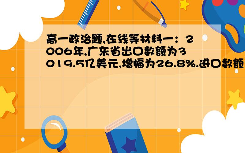 高一政治题,在线等材料一：2006年,广东省出口数额为3019.5亿美元,增幅为26.8%.进口数额为2252.6亿美元,增幅为18.7%.2007年出口数额为3692.46亿美元,增幅为22.2%.进口数额为2648.03亿美元,增幅为17.5%.材