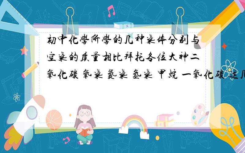 初中化学所学的几种气体分别与空气的质量相比拜托各位大神二氧化碳 氧气 氮气 氢气 甲烷 一氧化碳 这几种气体分别比空气沉还是略沉?轻还是略轻?