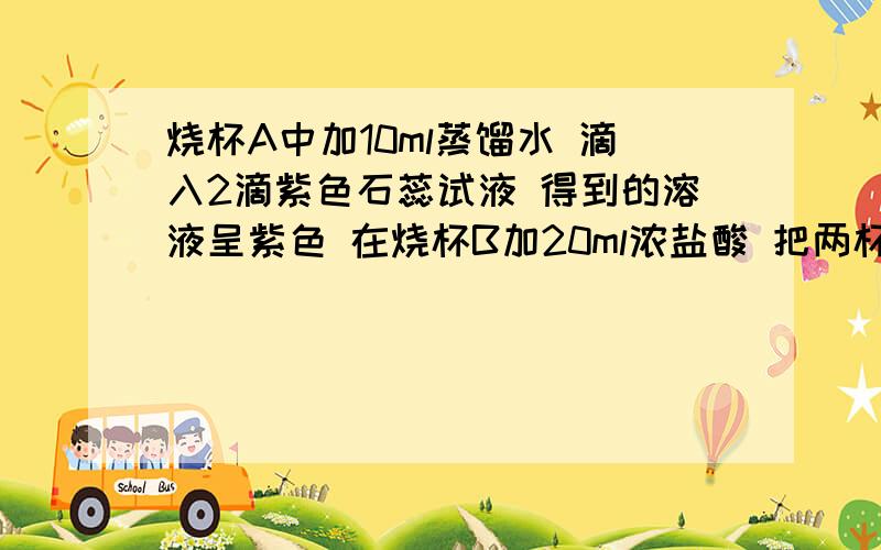 烧杯A中加10ml蒸馏水 滴入2滴紫色石蕊试液 得到的溶液呈紫色 在烧杯B加20ml浓盐酸 把两杯用大烧杯罩在一起过几分钟 看到烧杯A中的溶液变成了红色.你认为溶液变红的原因可能有哪些 3个假