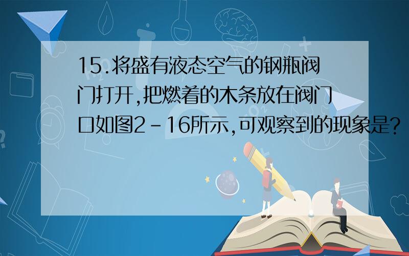 15.将盛有液态空气的钢瓶阀门打开,把燃着的木条放在阀门口如图2-16所示,可观察到的现象是?