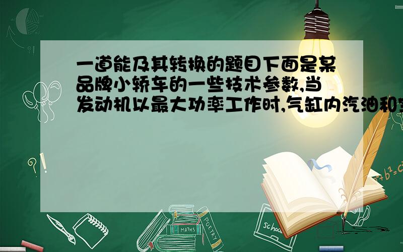 一道能及其转换的题目下面是某品牌小轿车的一些技术参数,当发动机以最大功率工作时,气缸内汽油和空气的混合密度为1.35kg/m3,1min内高温高压的燃气推动活塞做功2600次排气量：1.8L 最大功率