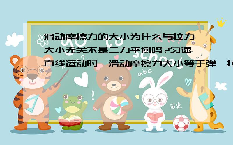 滑动摩擦力的大小为什么与拉力大小无关不是二力平衡吗?匀速直线运动时,滑动摩擦力大小等于弹簧拉力大小?哎,原谅我这个物理白痴吧