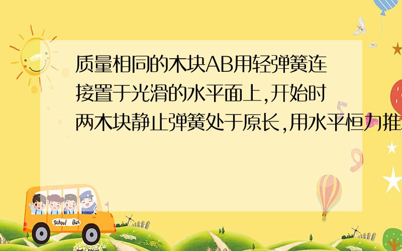 质量相同的木块AB用轻弹簧连接置于光滑的水平面上,开始时两木块静止弹簧处于原长,用水平恒力推木块A,从开始到弹簧第一次被压缩到最短的过程中,为什么A一直做加速运动,而不是先加速后