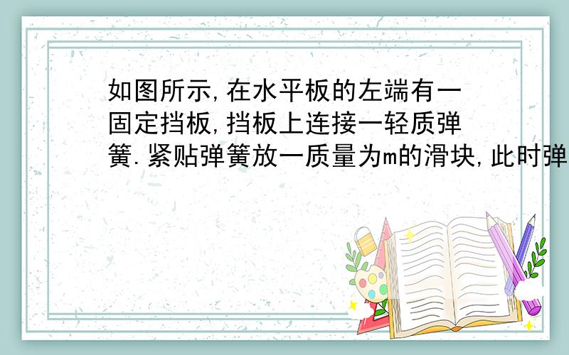 如图所示,在水平板的左端有一固定挡板,挡板上连接一轻质弹簧.紧贴弹簧放一质量为m的滑块,此时弹簧处于自然长度.已知滑块与板的动摩擦因数为√3/3,最大静摩擦力等于滑动摩擦力.现将板