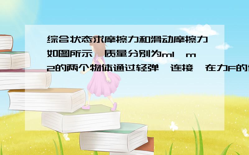 综合状态求摩擦力和滑动摩擦力如图所示,质量分别为m1、m2的两个物体通过轻弹簧连接,在力F的作用下一起沿水平方向做匀加速直线运动（m1在地面上,m2在空中）,力F与水平方向的夹角为θ.则m1