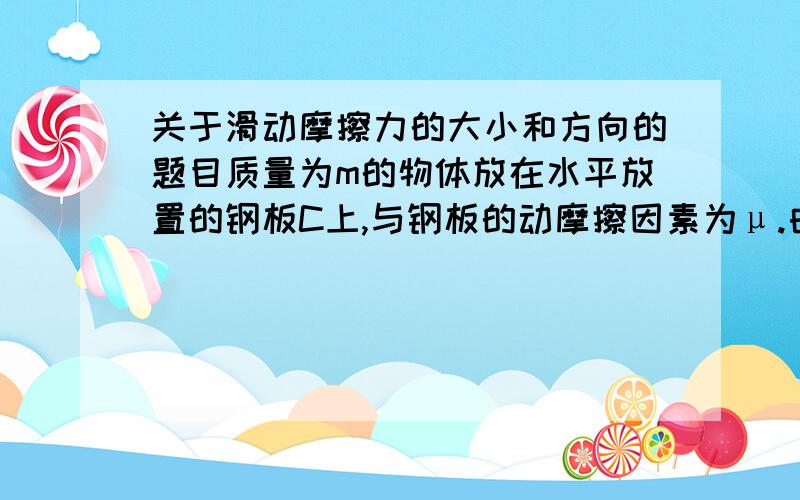 关于滑动摩擦力的大小和方向的题目质量为m的物体放在水平放置的钢板C上,与钢板的动摩擦因素为μ.由于受到相对于地面静止的光滑导槽A、B的控制,物体只能沿水平导槽运动.现使钢板以速度