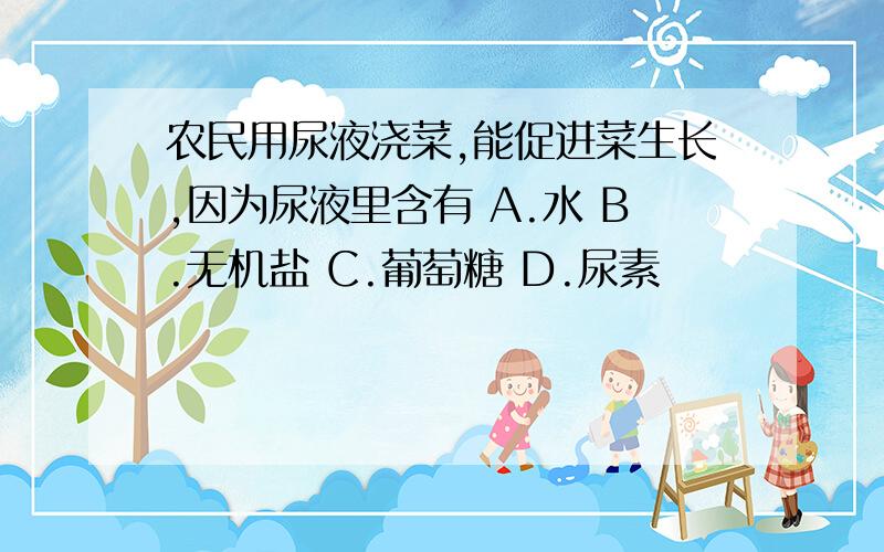 农民用尿液浇菜,能促进菜生长,因为尿液里含有 A.水 B.无机盐 C.葡萄糖 D.尿素