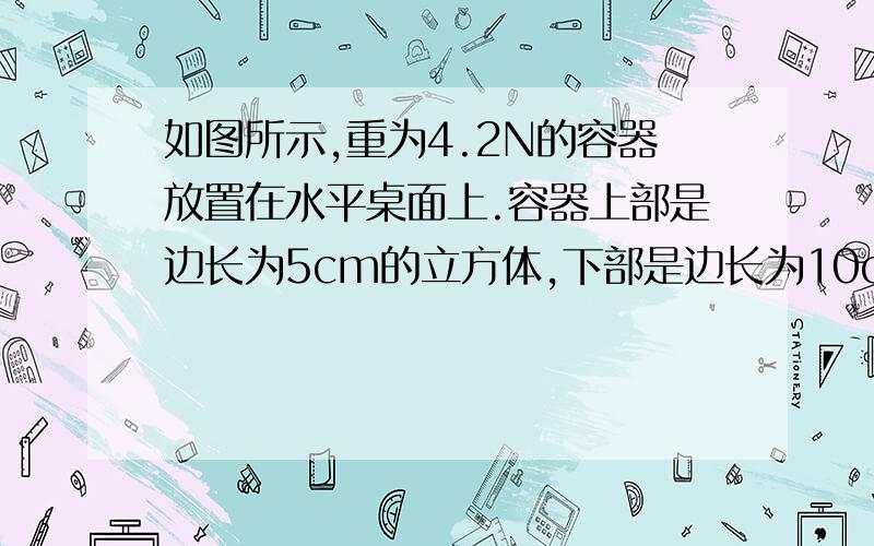 如图所示,重为4.2N的容器放置在水平桌面上.容器上部是边长为5cm的立方体,下部是边长为10cm的立方体,若向容器内注入1.1kg的水.（g取10N/kg）（2）容器底部受到的水的压强.答案为1400Pa我的解题