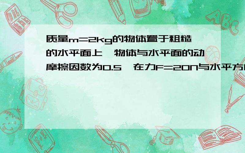 质量m=2kg的物体置于粗糙的水平面上,物体与水平面的动摩擦因数为0.5,在力F=20N与水平方向a=37°的恒力作用下由静止开始运动4s,求 1,力F对物体做的功；2,物体克服摩擦力做的功