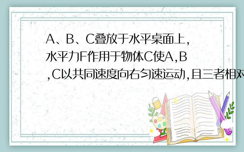 A、B、C叠放于水平桌面上,水平力F作用于物体C使A,B,C以共同速度向右匀速运动,且三者相对静止,那么B是否