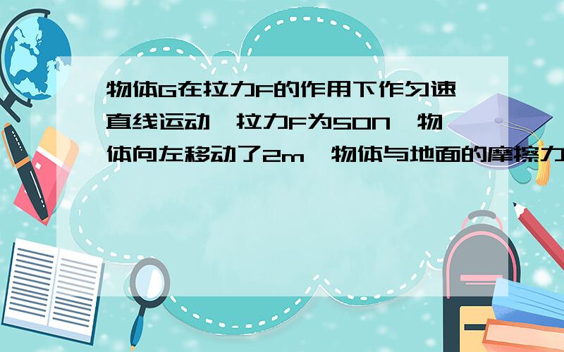 物体G在拉力F的作用下作匀速直线运动,拉力F为50N,物体向左移动了2m,物体与地面的摩擦力为120N(1)滑轮组对物体所作的功（2）拉力F所做的功（3）滑轮组的机械效率