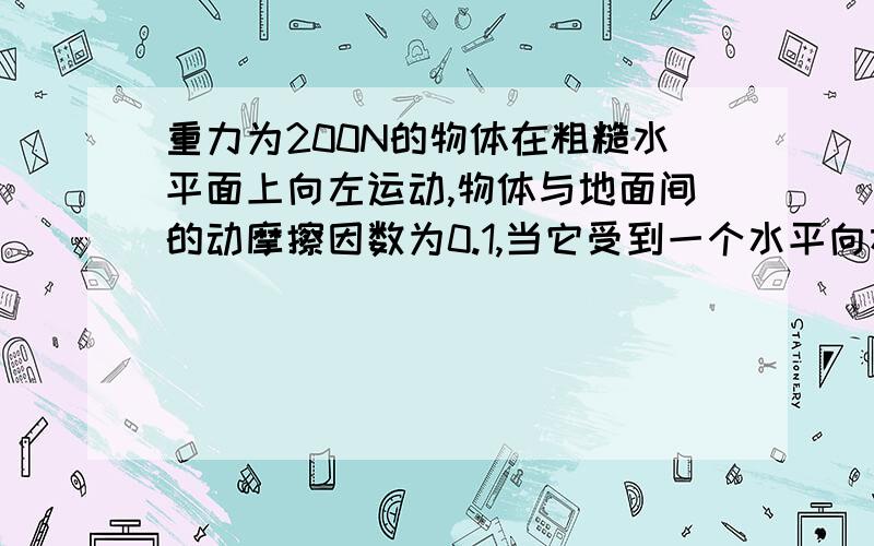 重力为200N的物体在粗糙水平面上向左运动,物体与地面间的动摩擦因数为0.1,当它受到一个水平向右、(接上）大小为5N的水平拉力F的作用后仍继续向左运动.在向左运动的过程中,地面对物体的