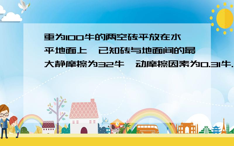 重为100牛的两空砖平放在水平地面上,已知砖与地面间的最大静摩擦为32牛,动摩擦因素为0.31牛.（1）现用20牛,30牛和40牛的水平力分别去推砖,砖受到的摩擦力分别是多大?（2）以40牛的水平力持