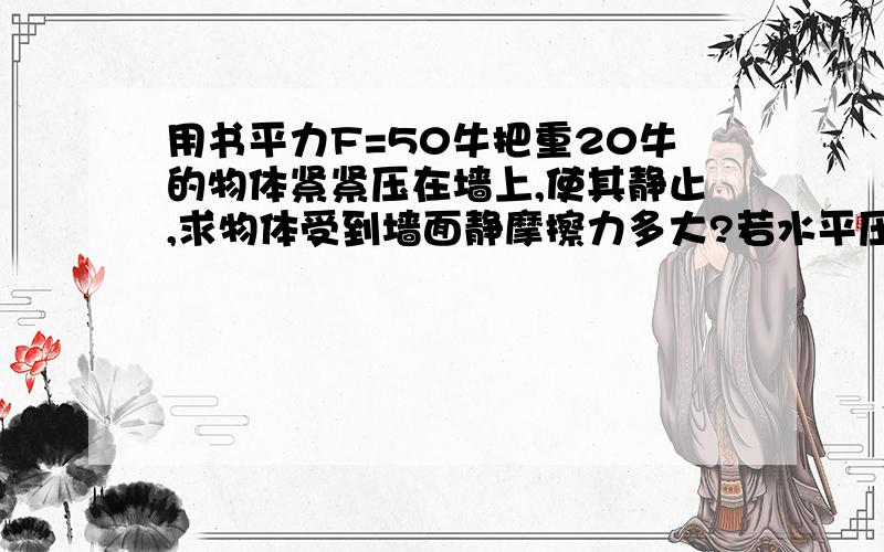 用书平力F=50牛把重20牛的物体紧紧压在墙上,使其静止,求物体受到墙面静摩擦力多大?若水平压力增加到100牛,此时静摩擦多大?