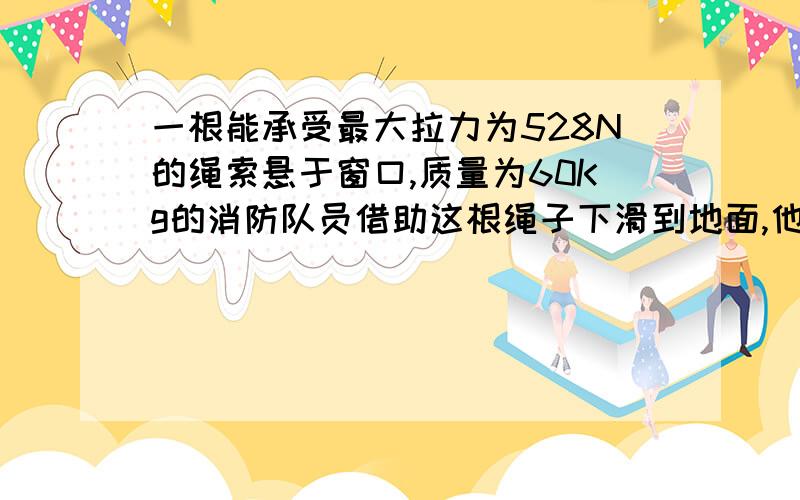 一根能承受最大拉力为528N的绳索悬于窗口,质量为60Kg的消防队员借助这根绳子下滑到地面,他在下滑时必须控制自己握绳的力,使其下滑的加速度不能小于何值我的疑问是：合力为mg-F(F为绳子