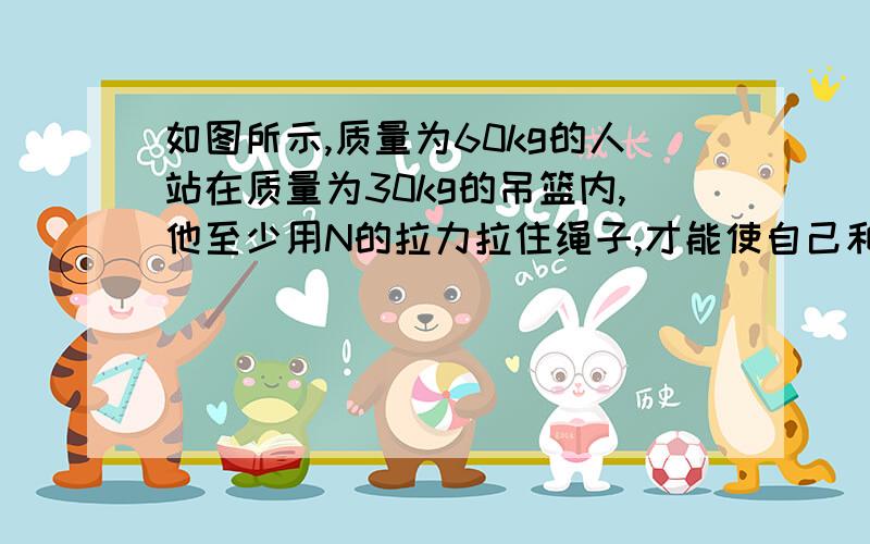 如图所示,质量为60kg的人站在质量为30kg的吊篮内,他至少用N的拉力拉住绳子,才能使自己和吊篮在空中保持