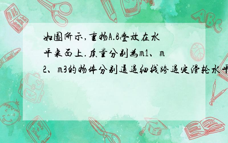 如图所示,重物A．B叠放在水平桌面上.质量分别为m1、m2、m3的物体分别通过细线跨过定滑轮水平系在重物A．B上,已知m1>m2+m3,A．B保持静止.现将m3解下放在物体A的上方,发现A．B仍处于静止.关于A