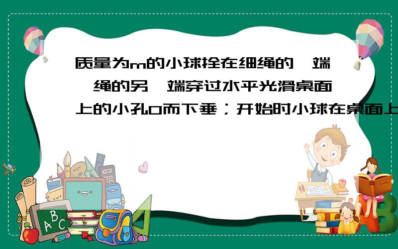 质量为m的小球拴在细绳的一端,绳的另一端穿过水平光滑桌面上的小孔O而下垂；开始时小球在桌面上以v1沿半径为r1的圆周匀速转动,然后非常缓慢地将绳下拉,使圆周的半径减小到r2.试求：（1