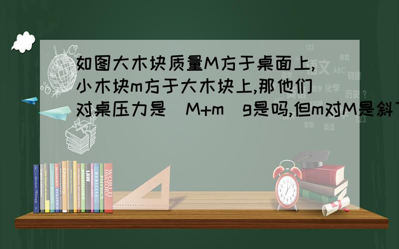 如图大木块质量M方于桌面上,小木块m方于大木块上,那他们对桌压力是(M+m)g是吗,但m对M是斜下的压力啊