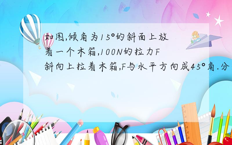 如图,倾角为15°的斜面上放着一个木箱,100N的拉力F斜向上拉着木箱,F与水平方向成45°角.分别以平行于斜面和垂直于斜面的方向为x轴和y轴建立坐标系,把F分解为沿着两个坐标轴的分力.计算两