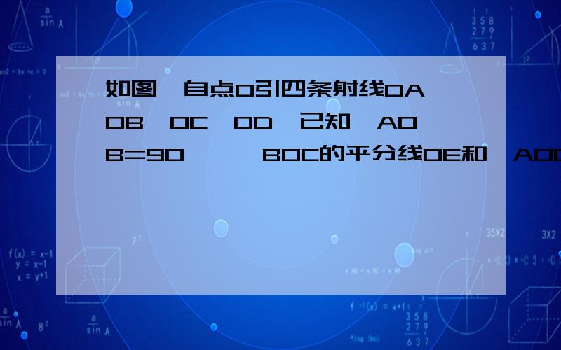 如图,自点O引四条射线OA、OB、OC、OD,已知∠AOB=90°,∠BOC的平分线OE和∠AOD的平分线OF成165°的角↓求∠DOC的度数