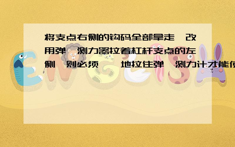 将支点右侧的钩码全部拿走,改用弹簧测力器拉着杠杆支点的左侧,则必须 、 地拉住弹簧测力计才能使实验顺利进行