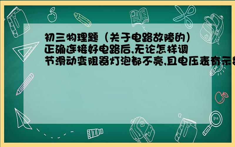 初三物理题（关于电路故障的）正确连接好电路后,无论怎样调节滑动变阻器灯泡都不亮,且电压表有示数,电流表示数始终为零.造成这种故障的原因是什么?