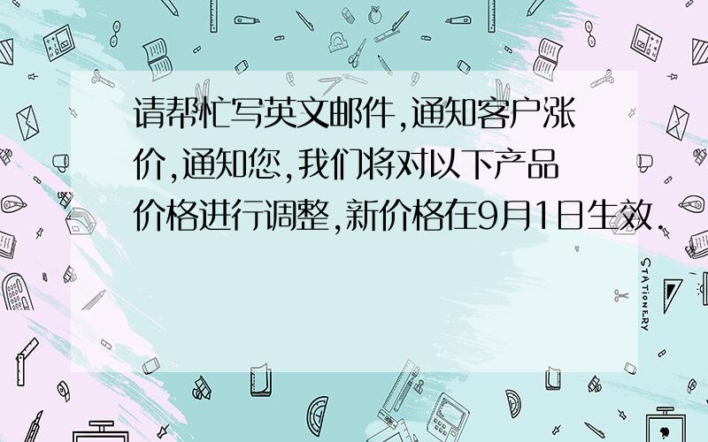 请帮忙写英文邮件,通知客户涨价,通知您,我们将对以下产品价格进行调整,新价格在9月1日生效.