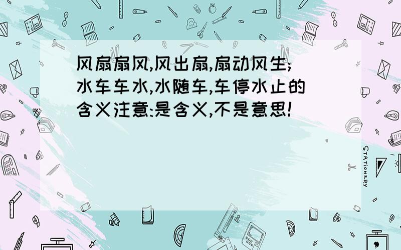 风扇扇风,风出扇,扇动风生;水车车水,水随车,车停水止的含义注意:是含义,不是意思!