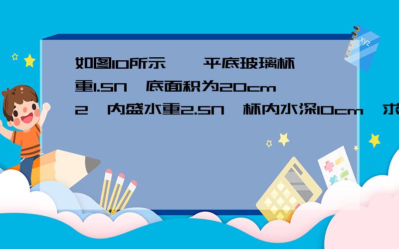 如图10所示,一平底玻璃杯,重1.5N,底面积为20cm2,内盛水重2.5N,杯内水深10cm,求：（2） 杯对桌面的压