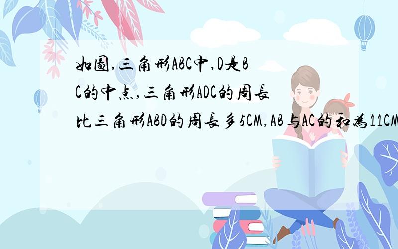 如图,三角形ABC中,D是BC的中点,三角形ADC的周长比三角形ABD的周长多5CM,AB与AC的和为11CM,求AC的长.