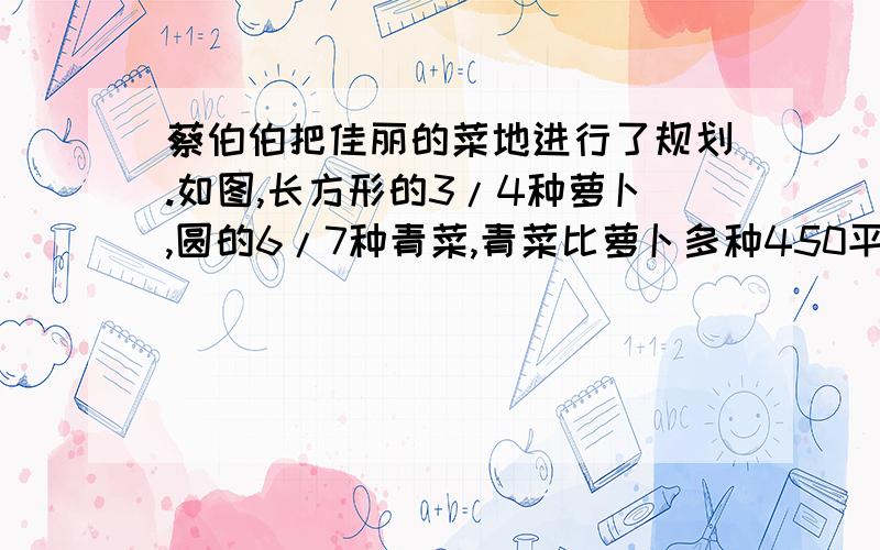 蔡伯伯把佳丽的菜地进行了规划.如图,长方形的3/4种萝卜,圆的6/7种青菜,青菜比萝卜多种450平方米.黄瓜重了多少平方米?