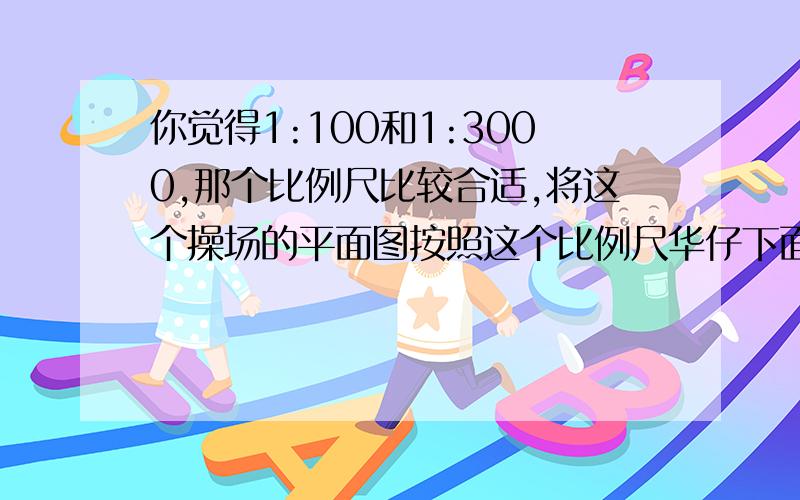 你觉得1:100和1:3000,那个比例尺比较合适,将这个操场的平面图按照这个比例尺华仔下面,并算出面积.标出长方形的长以及算式面积,操场长120米，宽90米