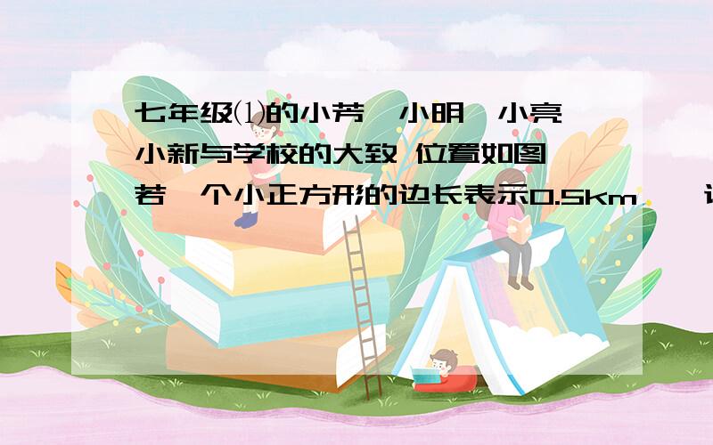 七年级⑴的小芳、小明、小亮、小新与学校的大致 位置如图,若一个小正方形的边长表示0.5km,　试用有序数对表示小芳、小明、小亮、小新家相 　对于学校的位置.