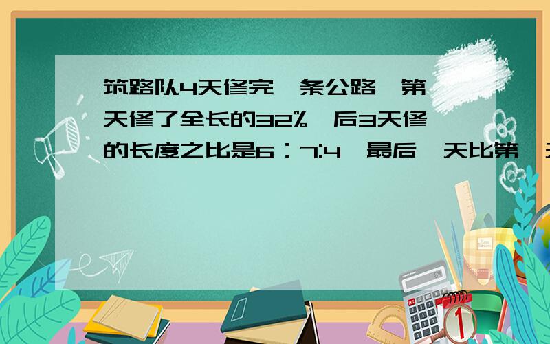 筑路队4天修完一条公路,第一天修了全长的32%,后3天修的长度之比是6：7:4,最后一天比第一天少修8千米,全长多少千米