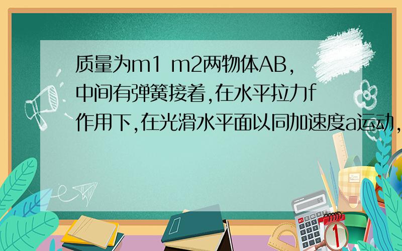 质量为m1 m2两物体AB,中间有弹簧接着,在水平拉力f作用下,在光滑水平面以同加速度a运动,突然撤去f瞬间物体AB的加速度a1,a2为多少?(f拉着A物体向右运动）详细点