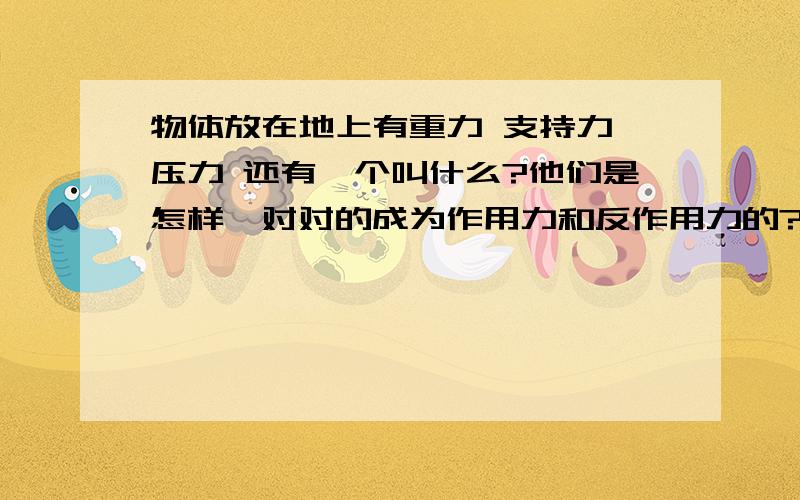 物体放在地上有重力 支持力 压力 还有一个叫什么?他们是怎样一对对的成为作用力和反作用力的?