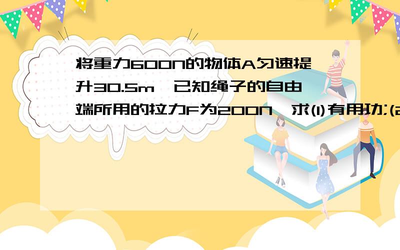 将重力600N的物体A匀速提升30.5m,已知绳子的自由端所用的拉力F为200N,求(1)有用功;(2)拉力所做的功,