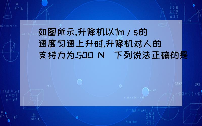 如图所示,升降机以1m/s的速度匀速上升时,升降机对人的支持力为500 N．下列说法正确的是（　　）A、升降机静止在十楼时对人的支持力小于500N B、升降机以1.5m/s速度匀速上升时对人的支持力