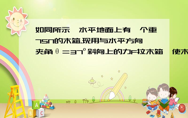 如同所示,水平地面上有一个重75N的木箱.现用与水平方向夹角θ＝37º斜向上的力F拉木箱,使木箱沿水平地面匀速向右运动