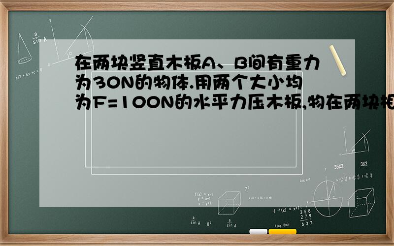 在两块竖直木板A、B间有重力为30N的物体.用两个大小均为F=100N的水平力压木板,物在两块相同的竖直木板A,B间有重为30N的物体,用两个大小均为F=100N的水平力压木板物体与木块间的动磨擦因数