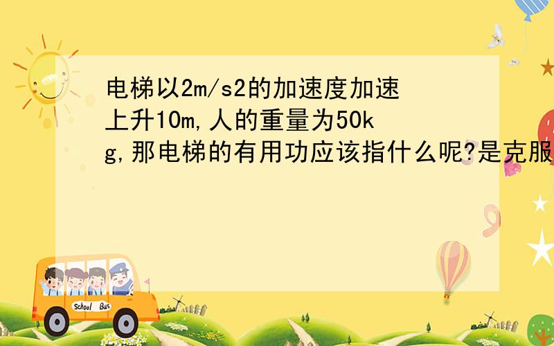 电梯以2m/s2的加速度加速上升10m,人的重量为50kg,那电梯的有用功应该指什么呢?是克服人的重力所做的功还是支持力所做的功?所有的题目都是说匀速情况下,有用功就是克服重力所做的功,如果