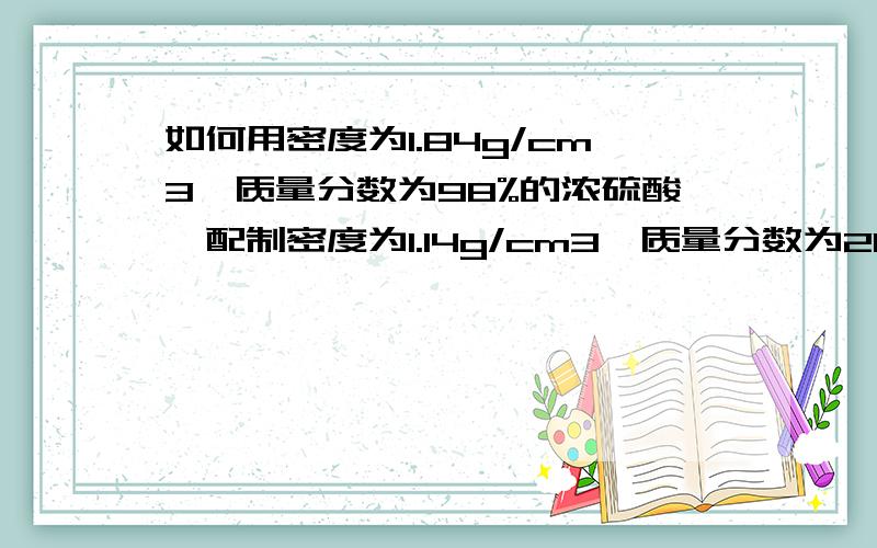 如何用密度为1.84g/cm3,质量分数为98%的浓硫酸,配制密度为1.14g/cm3、质量分数为20%的稀硫酸400ml