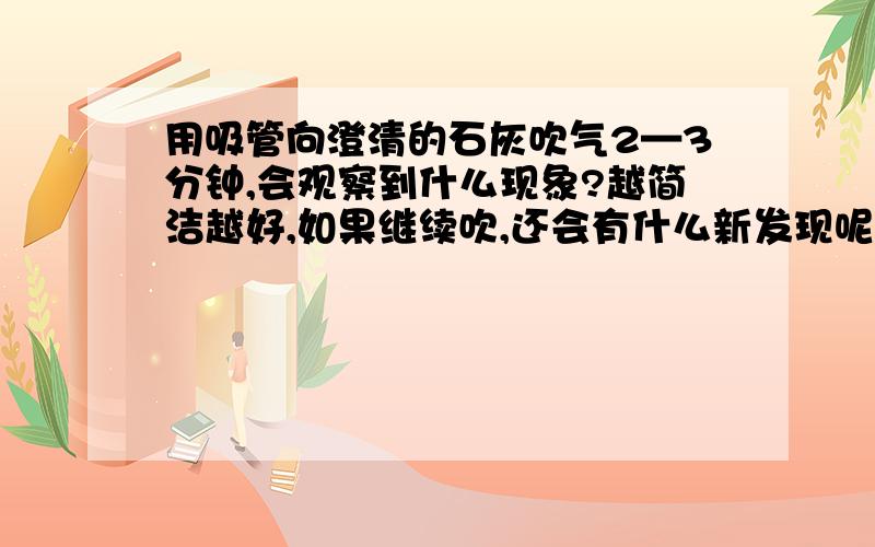 用吸管向澄清的石灰吹气2—3分钟,会观察到什么现象?越简洁越好,如果继续吹,还会有什么新发现呢?