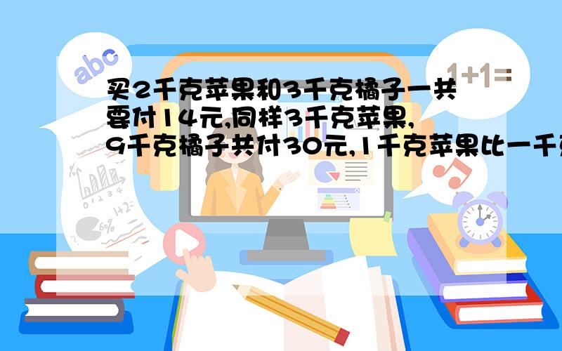 买2千克苹果和3千克橘子一共要付14元,同样3千克苹果,9千克橘子共付30元,1千克苹果比一千克橘子贵多少元?