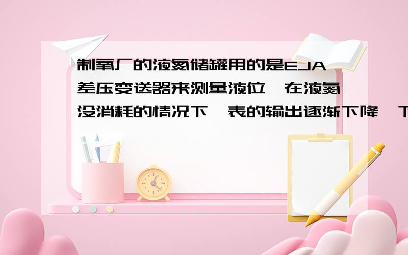 制氧厂的液氮储罐用的是EJA差压变送器来测量液位,在液氮没消耗的情况下,表的输出逐渐下降,下降到某一数值后不变化,经吹扫后（排污）恢复真是数值,时间长还会出现以上状况.请问二王为