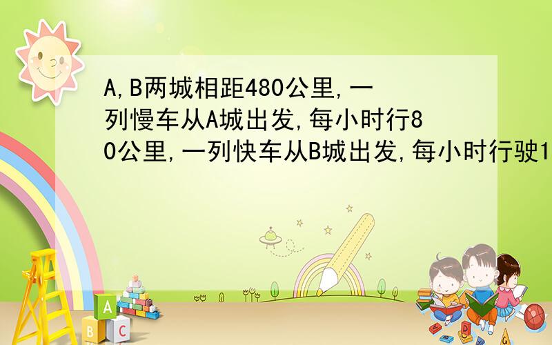 A,B两城相距480公里,一列慢车从A城出发,每小时行80公里,一列快车从B城出发,每小时行驶120公里.（1） 慢车先开出1小时,快车再开.两车相向而行,问快车开出多少小时后两车相遇?（2） 两车同时