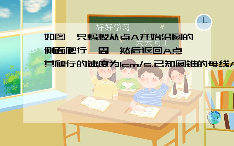 如图一只蚂蚁从点A开始沿圆的侧面爬行一周,然后返回A点,其爬行的速度为1cm/s.已知圆锥的母线AP=12,底面半径为两厘米,蚂蚁要以最短的时间回到点A,则蚂蚁应该如何爬行?爬行时间为多长